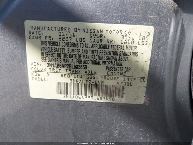 Продаж на аукціоні авто 2011 Nissan Sentra 2.0s, vin: 3N1AB6AP2BL683650, номер лоту: 46086326