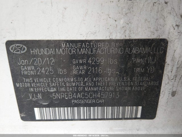 Продажа на аукционе авто 2012 Hyundai Sonata Gls, vin: 5NPEB4AC5CH457913, номер лота: 46086343