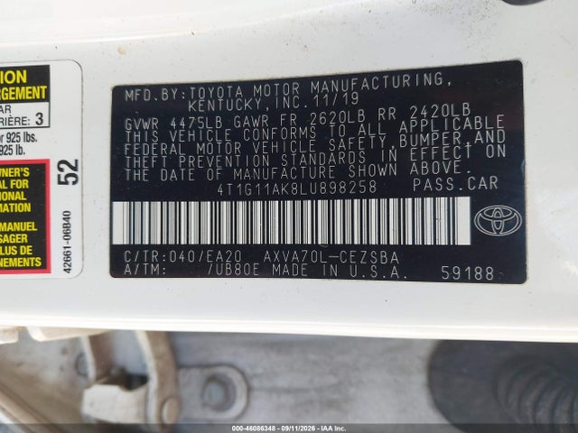 Продаж на аукціоні авто 2020 Toyota Camry Se, vin: 4T1G11AK8LU898258, номер лоту: 46086348