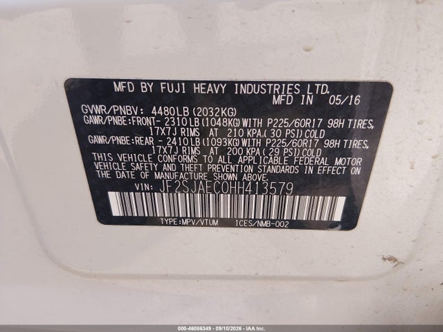 46086349 :رقم المزاد ، JF2SJAEC0HH413579 vin ، 2017 Subaru Forester 2.5i Premium مزاد بيع