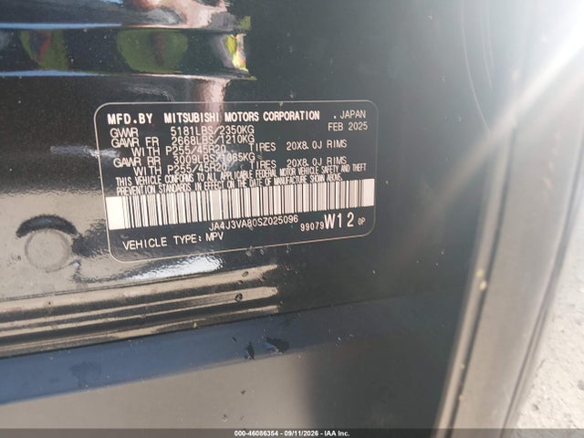 2025 Mitsubishi Outlander Se 2.5 2wd მანქანა იყიდება აუქციონზე, vin: JA4J3VA80SZ025096, აუქციონის ნომერი: 46086354