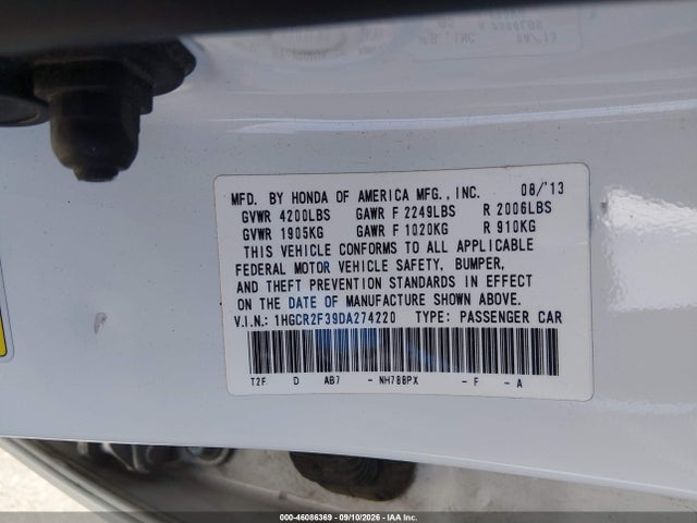 46086369 :رقم المزاد ، 1HGCR2F39DA274220 vin ، 2013 Honda Accord Lx مزاد بيع