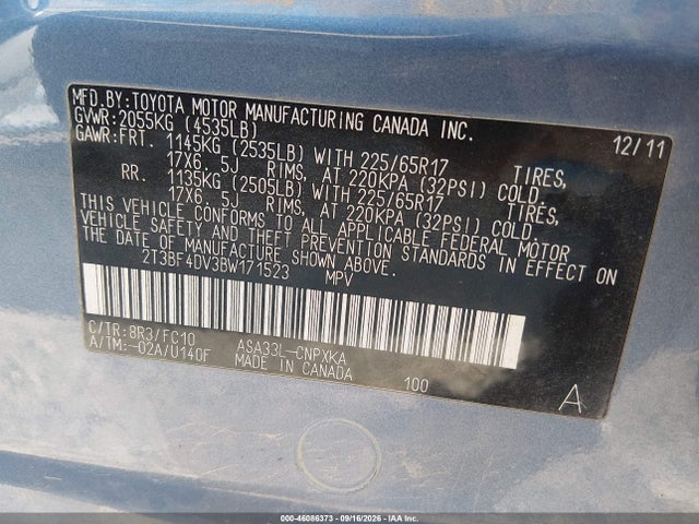 Продажа на аукционе авто 2011 Toyota Rav4, vin: 2T3BF4DV3BW171523, номер лота: 46086373