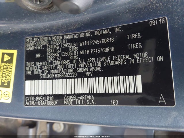 5TDJKRFHXGS502229 Toyota Highlander Xle V6