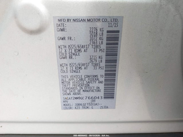 Продажа на аукционе авто 2016 Nissan Rogue Sv, vin: 5N1AT2MM9GC766043, номер лота: 46086402