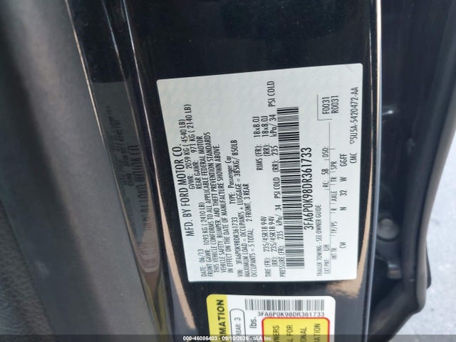46086403 :رقم المزاد ، 3FA6P0K98DR361733 vin ، 2013 Ford Fusion Titanium مزاد بيع