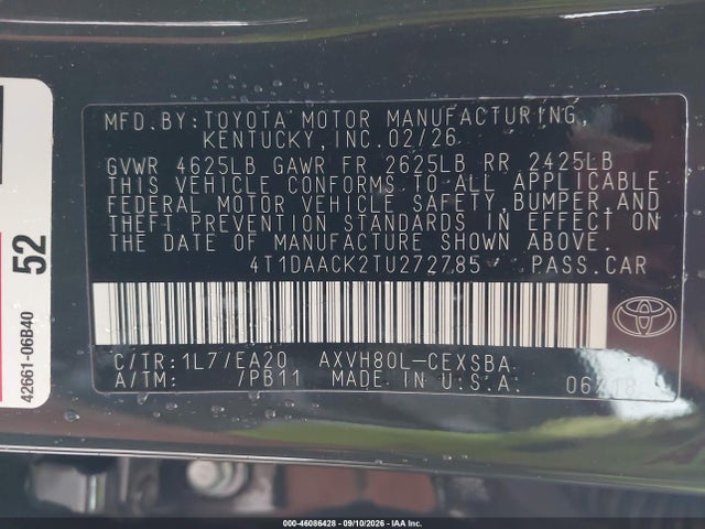 46086428 :رقم المزاد ، 4T1DAACK2TU272785 vin ، 2026 Toyota Camry Se مزاد بيع