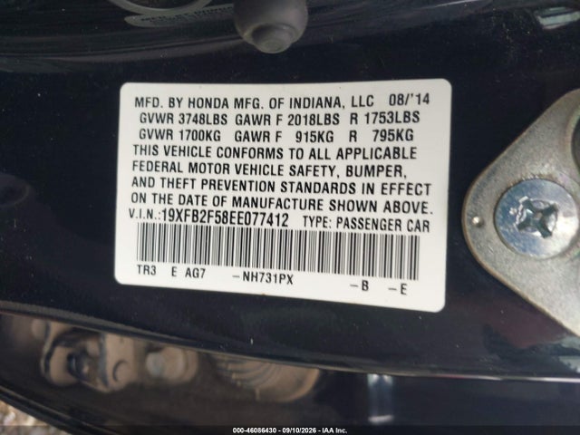 Aukcja sprzedaży 2014 Honda Civic Lx, vin: 19XFB2F58EE077412, numer aukcji: 46086430
