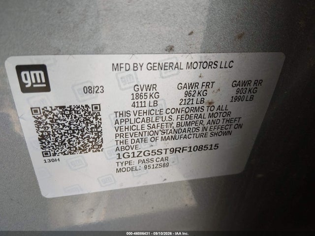 Продажа на аукционе авто 2024 Chevrolet Malibu Fwd Rs, vin: 1G1ZG5ST9RF108515, номер лота: 46086431