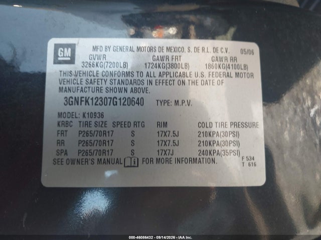 2007 Chevrolet Avalanche 1500 Lt მანქანა იყიდება აუქციონზე, vin: 3GNFK12307G120640, აუქციონის ნომერი: 46086432