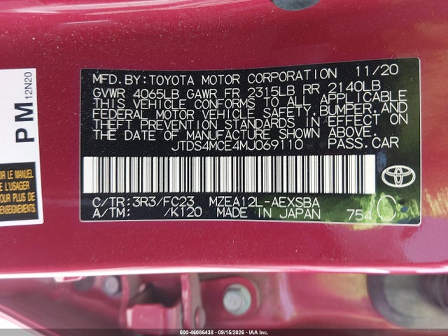 46086438 :رقم المزاد ، JTDS4MCE4MJ069110 vin ، 2021 Toyota Corolla Se مزاد بيع
