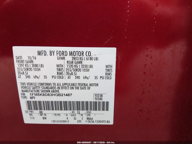 2017 Ford Explorer Xlt მანქანა იყიდება აუქციონზე, vin: 1FM5K8D83HGB21487, აუქციონის ნომერი: 46086457