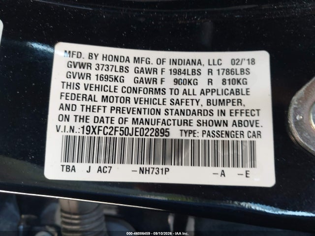 Продажа на аукционе авто 2018 Honda Civic Lx, vin: 19XFC2F50JE022895, номер лота: 46086459