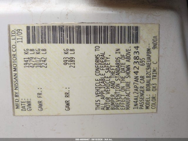 46086467 :رقم المزاد ، 1N4AL2AP7AN423834 vin ، 2010 Nissan Altima 2.5 S مزاد بيع