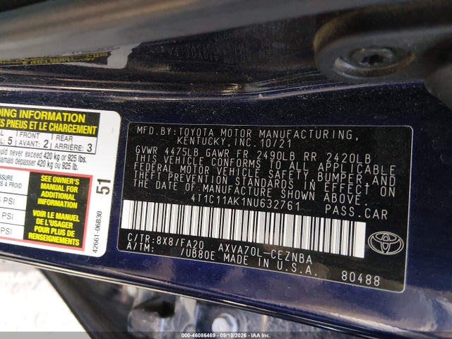 46086469 :رقم المزاد ، 4T1C11AK1NU632761 vin ، 2022 Toyota Camry Le مزاد بيع