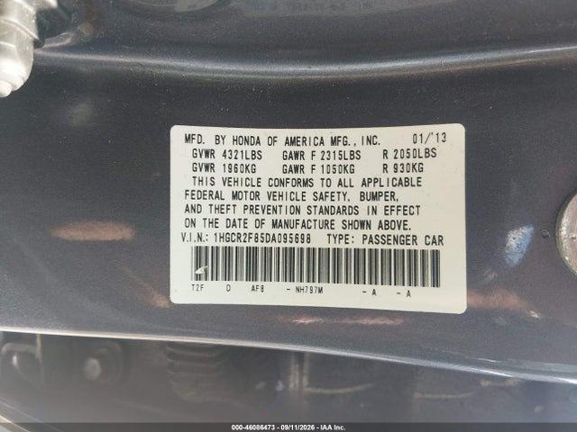 2013 Honda Accord Ex-l მანქანა იყიდება აუქციონზე, vin: 1HGCR2F85DA095698, აუქციონის ნომერი: 46086473