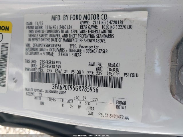 46086492 :رقم المزاد ، 3FA6P0T95GR285956 vin ، 2016 Ford Fusion Se مزاد بيع