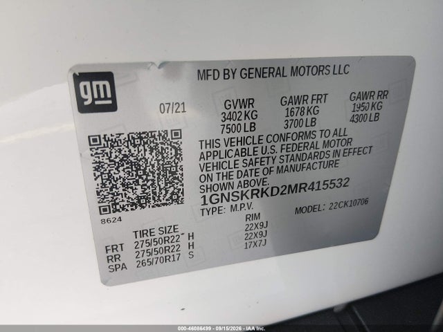 46086499 :رقم المزاد ، 1GNSKRKD2MR415532 vin ، 2021 Chevrolet Tahoe 4wd Rst مزاد بيع