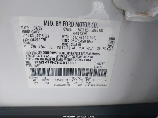 Продажа на аукционе авто 2022 Ford Explorer Limited, vin: 1FMSK7FH7NGB18839, номер лота: 46086506