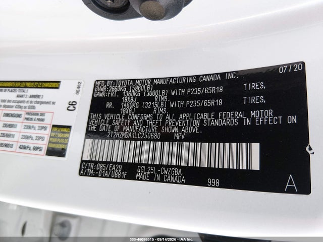 46086515 :رقم المزاد ، 2T2HZMDA1LC250680 vin ، 2020 Lexus Rx 350 مزاد بيع