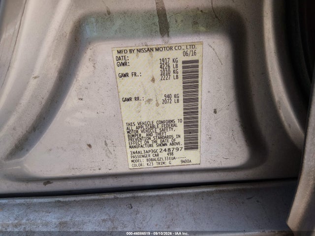46086519 :رقم المزاد ، 1N4AL3AP3GC248797 vin ، 2016 Nissan Altima 2.5/2.5 S/2.5 Sl/2.5 Sr/2.5 Sv مزاد بيع