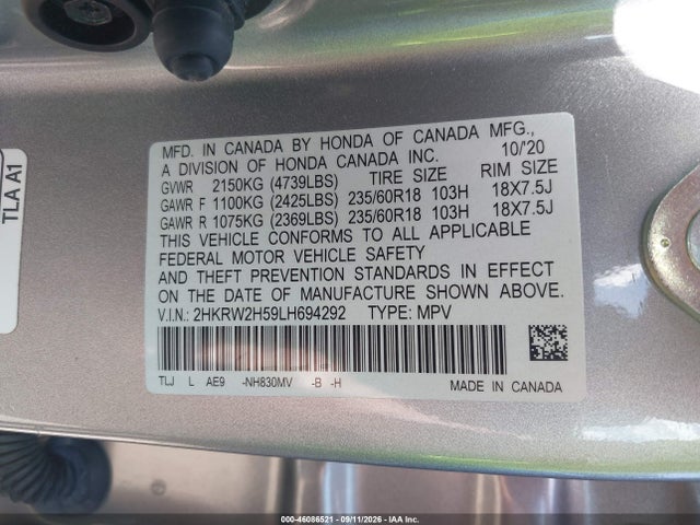 46086521 :رقم المزاد ، 2HKRW2H59LH694292 vin ، 2020 Honda Cr-v Awd Ex مزاد بيع