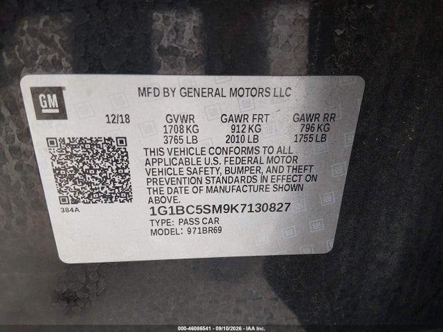 2019 Chevrolet Cruze Ls მანქანა იყიდება აუქციონზე, vin: 1G1BC5SM9K7130827, აუქციონის ნომერი: 46086541