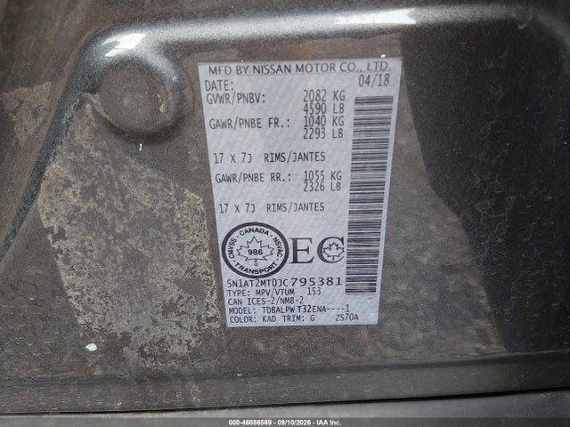 46086569 :رقم المزاد ، 5N1AT2MT0JC795381 vin ، 2018 Nissan Rogue S/sl/sv مزاد بيع