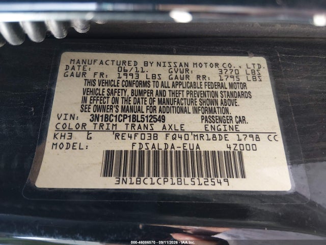 46086570 :رقم المزاد ، 3N1BC1CP1BL512549 vin ، 2011 Nissan Versa 1.8s مزاد بيع