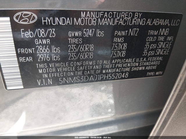 2023 Hyundai Santa Fe Sel მანქანა იყიდება აუქციონზე, vin: 5NMS3DAJ1PH552048, აუქციონის ნომერი: 46086575