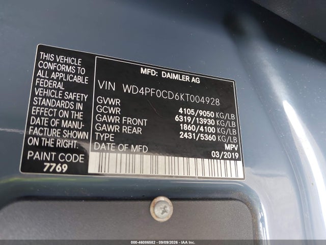 Продажа на аукционе авто 2019 Mercedes-benz Sprinter 2500 High Roof V6, vin: WD4PF0CD6KT004928, номер лота: 46086582