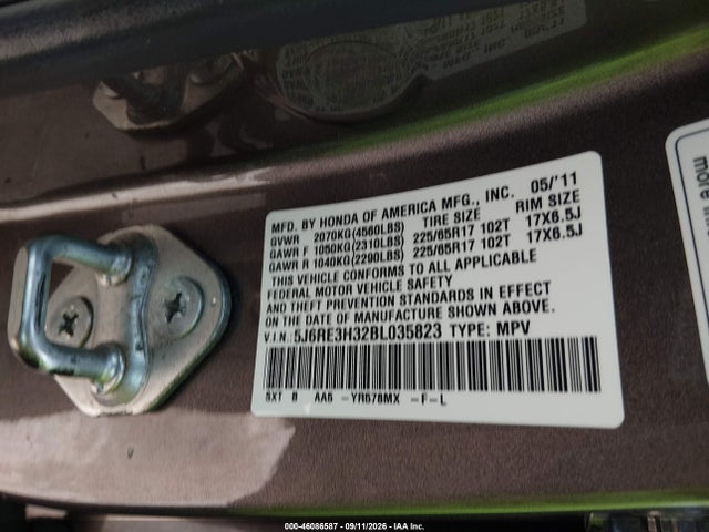 Продажа на аукционе авто 2011 Honda Cr-v Lx, vin: 5J6RE3H32BL035823, номер лота: 46086587