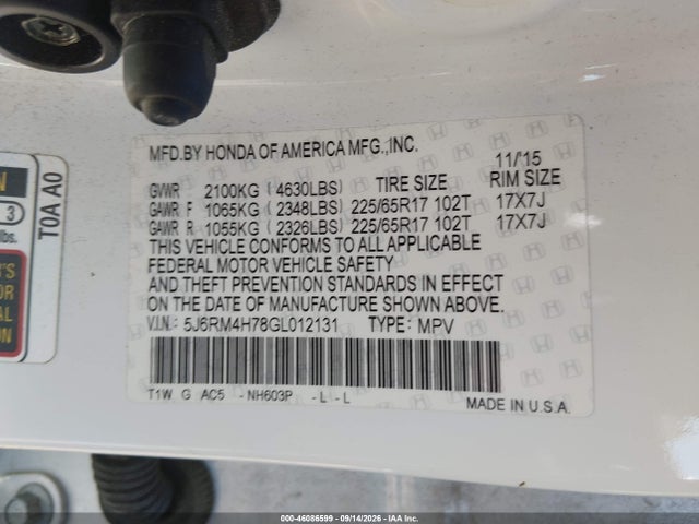 2016 Honda Cr-v Ex-l მანქანა იყიდება აუქციონზე, vin: 5J6RM4H78GL012131, აუქციონის ნომერი: 46086599