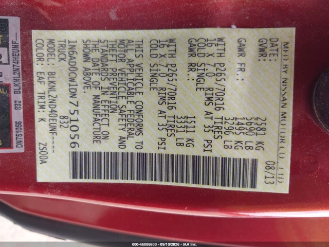 46086600 :رقم المزاد ، 1N6AD0CW1DN751056 vin ، 2013 Nissan Frontier Sv مزاد بيع