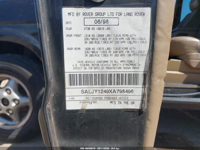 Auction sale of the 1999 Land Rover Discovery Sd/series Ii, vin: SALJY1249XA798496, lot number: 46086619