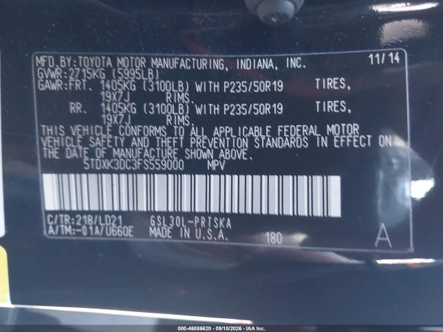 Aukcja sprzedaży 2015 Toyota Sienna Se 8 Passenger, vin: 5TDXK3DC3FS559000, numer aukcji: 46086620