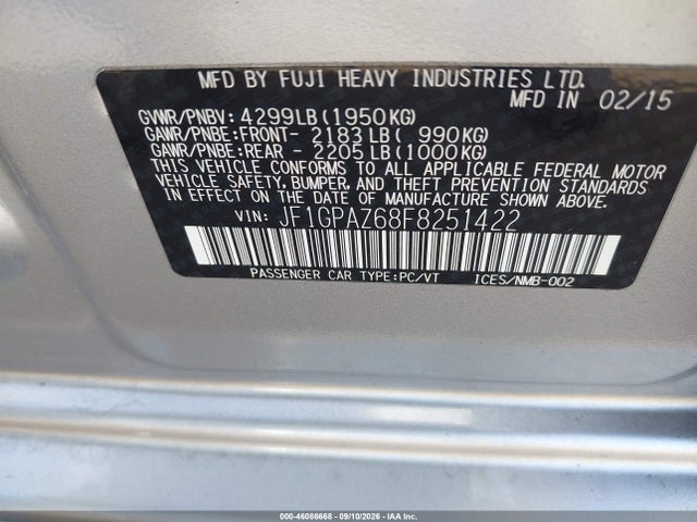 2015 Subaru Impreza 2.0i Sport Limited მანქანა იყიდება აუქციონზე, vin: JF1GPAZ68F8251422, აუქციონის ნომერი: 46086668