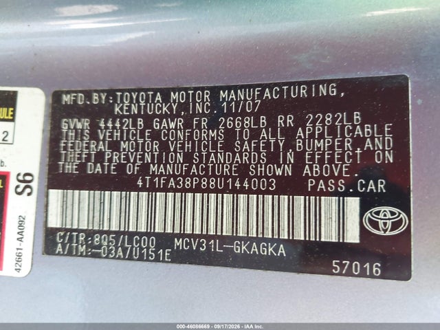 46086669 :رقم المزاد ، 4T1FA38P88U144003 vin ، 2008 Toyota Camry Solara Sle مزاد بيع