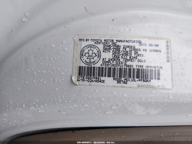 Auction sale of the 2000 Toyota Sienna Le/xle, vin: 4T3ZF13C0YU175681, lot number: 46086672