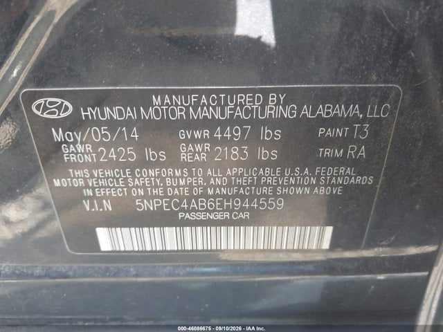 Продажа на аукционе авто 2014 Hyundai Sonata Limited 2.0t, vin: 5NPEC4AB6EH944559, номер лота: 46086675
