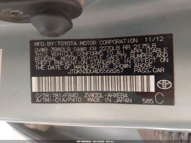 Aukcja sprzedaży 2013 Toyota Prius Two, vin: JTDKN3DU4D5568267, numer aukcji: 46086682