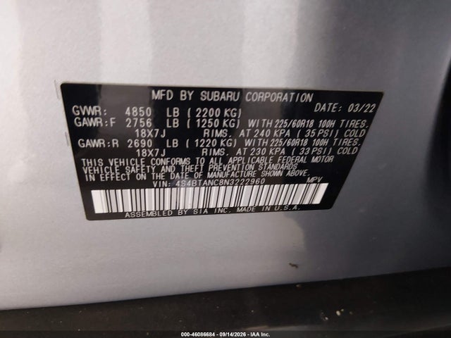 Auction sale of the 2022 Subaru Outback Limited, vin: 4S4BTANC8N3222960, lot number: 46086684