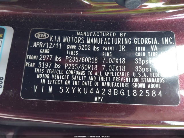 Aukcja sprzedaży 2011 Kia Sorento Ex V6, vin: 5XYKU4A23BG182584, numer aukcji: 46086687