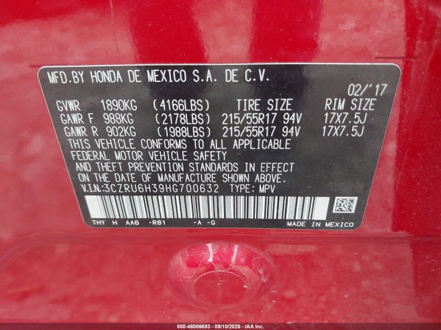 Продаж на аукціоні авто 2017 Honda Hr-v Lx, vin: 3CZRU6H39HG700632, номер лоту: 46086693