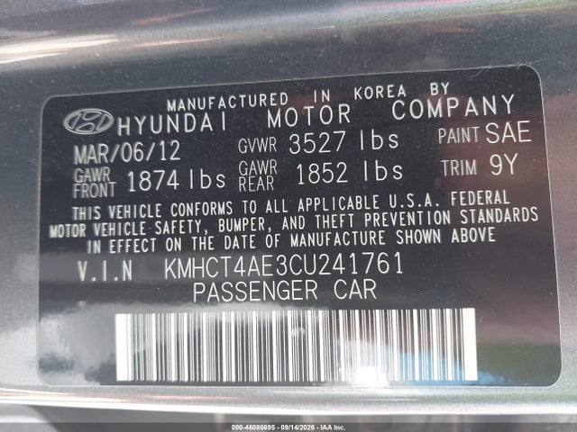 Продажа на аукционе авто 2012 Hyundai Accent Gls, vin: KMHCT4AE3CU241761, номер лота: 46086695
