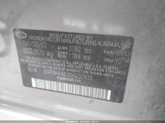 Aukcja sprzedaży 2013 Hyundai Elantra Limited, vin: 5NPDH4AE1DH232935, numer aukcji: 46086707
