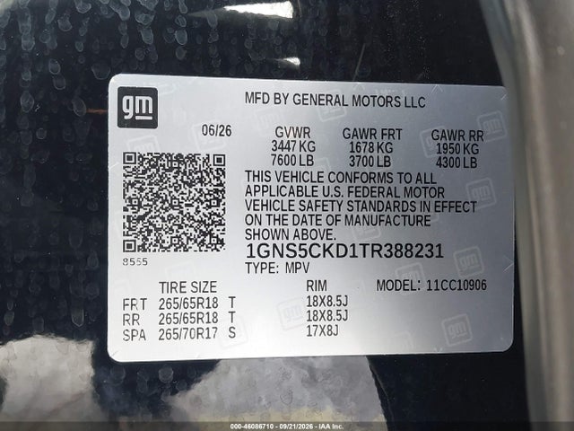 46086710 :رقم المزاد ، 1GNS5CKD1TR388231 vin ، 2026 Chevrolet Suburban Lt, Rwd مزاد بيع