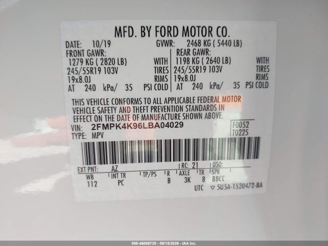 Aukcja sprzedaży 2020 Ford Edge Titanium, vin: 2FMPK4K96LBA04029, numer aukcji: 46086720