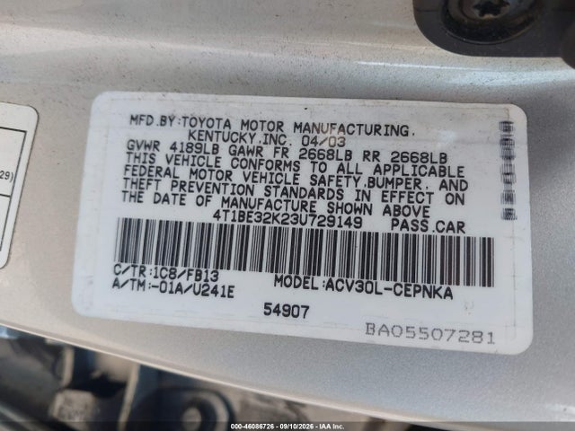 Продажа на аукционе авто 2003 Toyota Camry Le, vin: 4T1BE32K23U729149, номер лота: 46086726