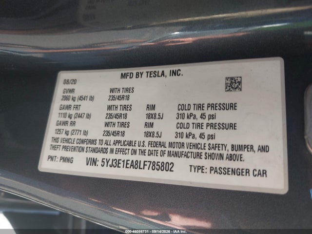 2020 Tesla Model 3 Standard Range Plus Rear-wheel Drive/standard Range Rear-wheel Drive მანქანა იყიდება აუქციონზე, vin: 5YJ3E1EA8LF785802, აუქციონის ნომერი: 46086731